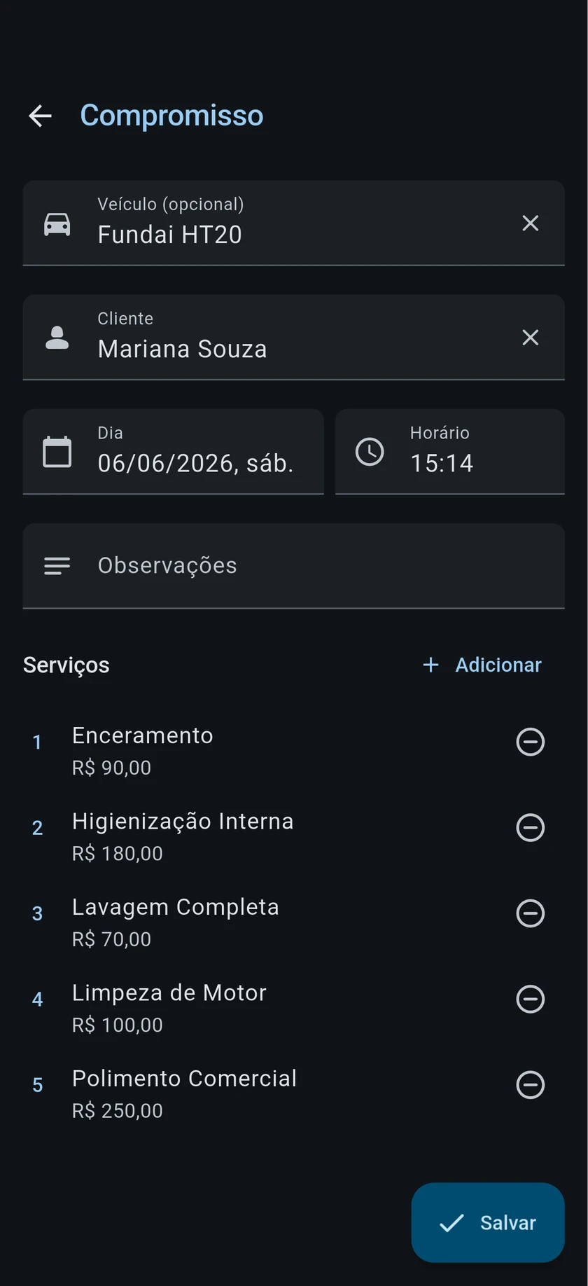 Tela de agendamentos do CarClean