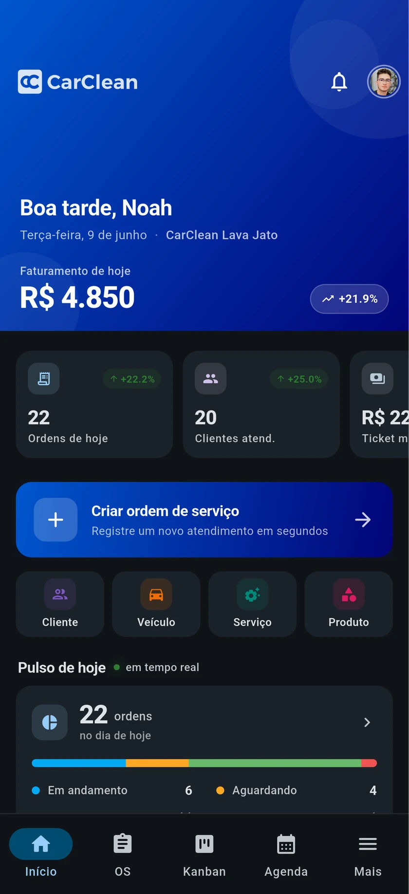 Tela inicial do app CarClean com resumo do dia