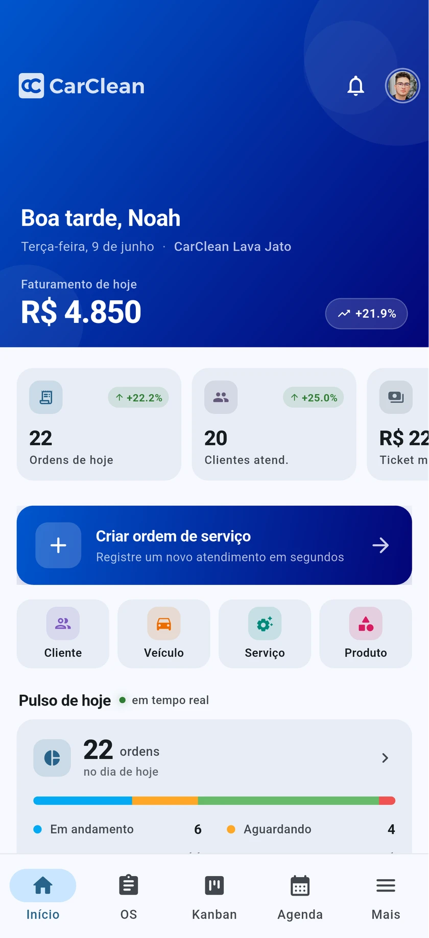 Tela inicial do app CarClean com resumo do dia