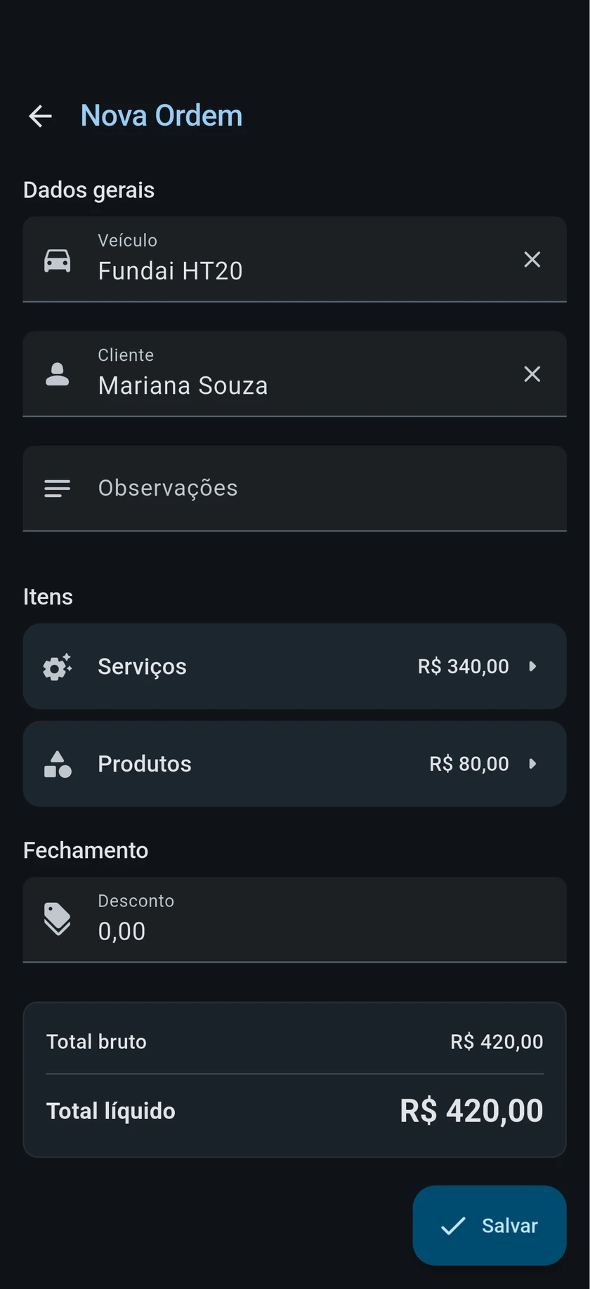 Lançamento de ordem de serviço no CarClean