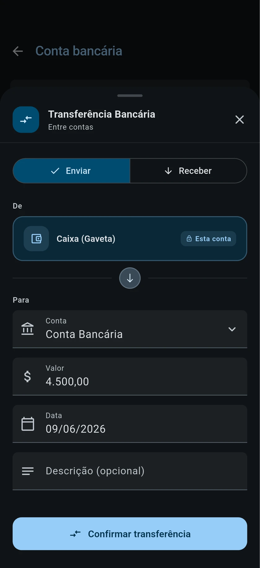 Transferência bancária entre contas no CarClean