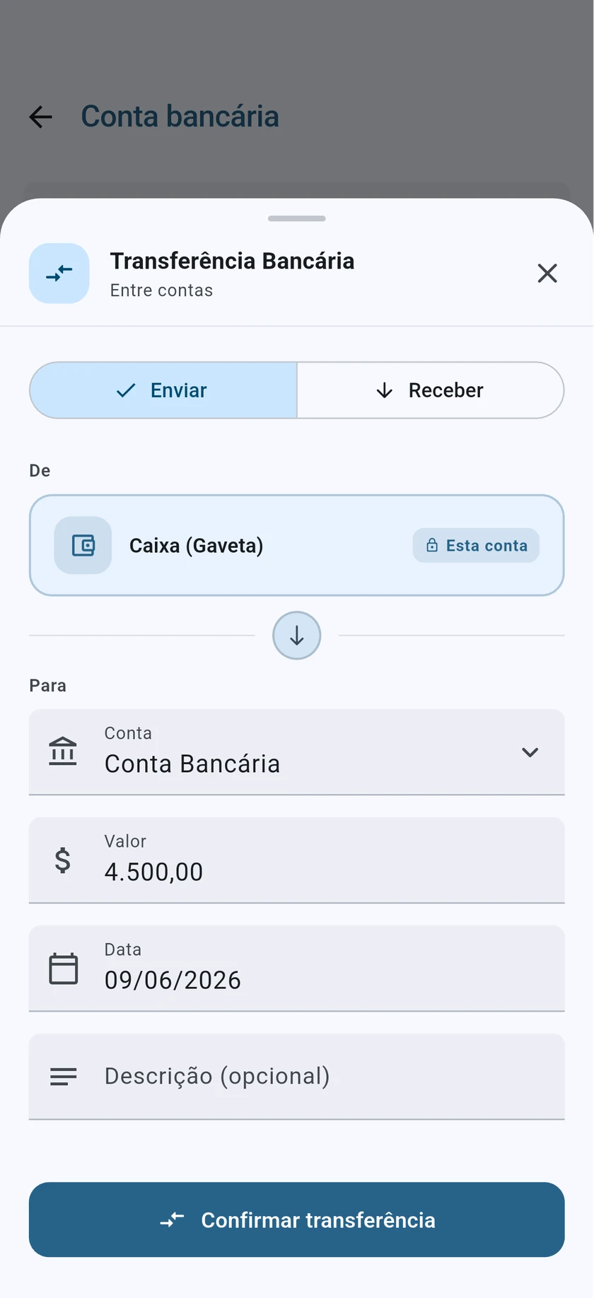 Transferência bancária entre contas no CarClean
